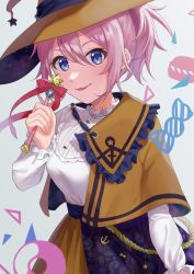 Rule 34 | :p, alternate costume, anchor symbol, aoba (kancolle), blue eyes, breasts, candy, capelet, food, gradient background, grey background, hair between eyes, halloween, halloween costume, hat, highres, hydromoon, kantai collection, long sleeves, macaron, medium breasts, messy hair, pink hair, ponytail, purple skirt, shirt, silhouette, skirt, tongue, tongue out, upper body, wand, white shirt, witch hat, yellow skirt