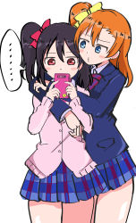 Rule 34 | ..., 2girls, :3, absurdres, arms around neck, black hair, blazer, blue eyes, blush stickers, bow, cellphone, check commentary, commentary request, hair bow, hands on another&#039;s shoulders, highres, holding, holding phone, jacket, kosaka honoka, love live!, love live! school idol project, miniskirt, multiple girls, orange hair, phone, pleated skirt, red eyes, school uniform, side ponytail, simple background, skirt, smartphone, speech bubble, thighs, wewe, white background, yazawa nico