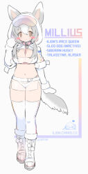 Rule 34 | 1girl, animal collar, animal ears, blue-tinted eyewear, blush stickers, boots, breasts, brown eyes, character sheet, chest harness, closed mouth, collar, commentary, dog ears, dog girl, dog tail, english commentary, english text, full body, fur-trimmed boots, fur trim, gloves, goggles, goggles on head, gradient hair, grey hair, hand up, harness, heart pendant, hood, hood up, hooded shrug, lapithai, large breasts, long hair, looking at viewer, multicolored hair, no sclera, original, pink-tinted eyewear, pink collar, pom pom (clothes), see-through, see-through skirt, shrug (clothing), ski goggles, skirt, solo, standing, tail, thighhighs, tinted eyewear, twitter username, underbust, white background, white footwear, white gloves, white hair, white thighhighs, yellow-tinted eyewear