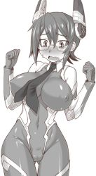 Rule 34 | 1girl, :o, adapted costume, alternate costume, bare shoulders, bespectacled, blush, bodysuit, breasts, cameltoe, clenched hands, covered erect nipples, covered navel, cowboy shot, elbow gloves, embarrassed, eyepatch, fang, fishnets, flipped hair, glasses, gloves, greyscale, hair between eyes, hands up, headgear, hip focus, impossible bodysuit, impossible clothes, kantai collection, large breasts, legs together, long hair, looking down, monochrome, necktie, neriwasabi, ninja, nose blush, open mouth, parody, raised eyebrows, semi-rimless eyewear, shiny clothes, short hair, simple background, skin tight, solo, standing, surprised arms, sweatdrop, taimanin (series), taimanin asagi, taimanin suit, tenryuu (kancolle), thigh gap, under-rim eyewear, unitard, wavy mouth