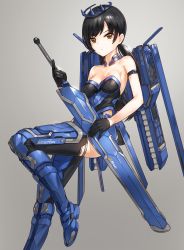 Rule 34 | 1girl, armband, armor, armpits, bare shoulders, black gloves, black hair, black thighhighs, breasts, brown eyes, cleavage, crown, expressionless, female focus, gloves, grey background, halo, holding, holding sword, holding weapon, jetpack, kfr, knee up, long hair, looking at viewer, low twintails, mecha musume, mechanical halo, medium breasts, original, science fiction, serious, simple background, solo, strapless, sword, thighhighs, thighs, twintails, weapon
