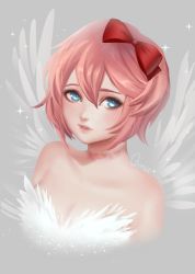 Rule 34 | 1girl, angel wings, artist name, bare shoulders, blue eyes, bow, commentary, doki doki literature club, english commentary, grey background, gumae, hair between eyes, hair bow, highres, looking at viewer, panties, pink hair, red bow, sayori (doki doki literature club), short hair, simple background, smile, solo, sparkle, underwear, wings