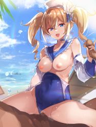 Rule 34 | 1girl, 2boys, barbara (genshin impact), barbara (summertime sparkle) (genshin impact), bare shoulders, beach, blonde hair, blue eyes, blue sky, blush, breasts, breasts out, censored, clothed sex, clothes pull, cowgirl position, ddolggol, genshin impact, girl on top, group sex, handjob, hetero, highres, large breasts, long hair, looking at viewer, mmf threesome, mosaic censoring, multiple boys, nipples, official alternate costume, one-piece swimsuit pull, penis, pussy, sex, sky, smile, spread legs, straddling, threesome, twintails, vaginal, white headwear