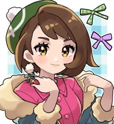 Rule 34 | 1girl, blush, bob cut, brown eyes, brown hair, buttons, closed mouth, collared dress, commentary request, cosplay, creatures (company), dress, earrings, eyelashes, fu (tk1189227dhy), fur-trimmed jacket, fur trim, game freak, gloria (pokemon), green hat, hands up, hat, hop (pokemon), hop (pokemon) (cosplay), jacket, jewelry, nintendo, pink dress, pokemon, pokemon swsh, ribbon, short hair, smile, solo, sparkle, tam o&#039; shanter, upper body
