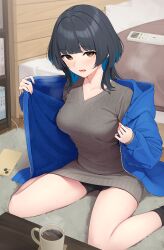 Rule 34 | 1girl, black hair, blue hair, blue jacket, breasts, brown eyes, cellphone, coffee, colored inner hair, controller, cup, grey shirt, highres, jacket, kanpa (campagne 9), large breasts, long sleeves, looking at viewer, multicolored hair, open clothes, open jacket, open mouth, original, phone, remote control, shirt, short hair, smartphone, solo