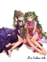 Rule 34 | 2girls, absurdres, amiba (nerdamiba), anklet, anniversary, arm support, bare arms, bare legs, barefoot, blue dress, braid, breasts, cleavage cutout, clothing cutout, commentary request, cosplay, costume switch, dress, english text, feet, fire emblem, fire emblem: three houses, flat chest, green hair, hair ornament, highres, jewelry, long dress, long hair, looking at viewer, multiple girls, necklace, nintendo, pink dress, pointy ears, ponytail, scarf, shadow, side braid, sidelocks, simple background, sitting, sleeveless, small breasts, sothis (fire emblem), tiara, tiki (fire emblem), tiki (young) (fire emblem), toes, twin braids, twintails, very long hair, white background