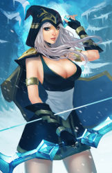 Rule 34 | 1girl, armlet, arrow (projectile), ashe (league of legends), bow (weapon), breasts, cleavage, elbow gloves, fingerless gloves, gloves, highres, large breasts, league of legends, long hair, looking at viewer, louten, md5 mismatch, parted lips, resized, snow, solo, strap gap, weapon, white hair