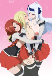 Rule 34 | 3girls, absurdres, angel (fairy tail), ass grab, bible black, blonde hair, blush, breast press, breasts, breasts out, cosplay, fairy tail, female focus, flare corona, girl sandwich, highres, hug, large breasts, lexus (artist), long hair, lucy heartfilia, multiple girls, nipples, open mouth, red hair, sandwiched, school uniform, serafuku, silver hair, skirt, smile, suspenders, symmetrical docking, tattoo, thighhighs, yuri