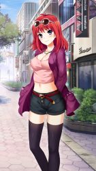 Rule 34 | 1girl, arms behind back, belt, belt buckle, black shorts, black thighhighs, blush, breasts, buckle, cleavage, closed mouth, coat, collarbone, day, doukyuusei another world, earrings, eyewear on head, game cg, jewelry, kakyuusei, long hair, long sleeves, looking at viewer, midriff, navel, necklace, official art, open clothes, open coat, outdoors, pink shirt, purple coat, purple eyes, red belt, red hair, shiny clothes, shiny legwear, shirt, short shorts, shorts, smile, solo, standing, stomach, sunglasses, tachibana mayumi, thighhighs, white-framed eyewear, zettai ryouiki