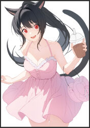 Rule 34 | 1girl, animal ears, bare shoulders, black hair, breasts, cat ears, cat tail, cleavage, commentary, cup, disposable cup, dress, facial mark, final fantasy, final fantasy xiv, long hair, looking at viewer, lyra-kotto, medium breasts, miqo&#039;te, open mouth, pink dress, ponytail, solo, symbol-only commentary, tail, warrior of light (ff14), whisker markings, white background