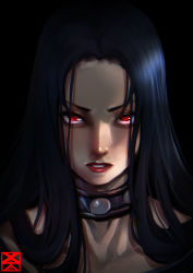 Rule 34 | 1other, absurdres, black background, black hair, choker, guilty gear, guilty gear x, guilty gear xx, highres, looking at viewer, red eyes, red lips, shaded face, signature, straight hair, testament (guilty gear), xuuikie ashe