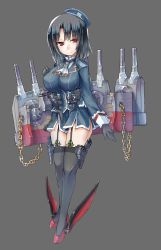 Rule 34 | 1girl, ascot, asukakei, beret, black gloves, black hair, black thighhighs, blue hat, blue jacket, blue skirt, breasts, cannon, chain, full body, garter straps, gloves, grey background, hat, highres, jacket, kantai collection, large breasts, long sleeves, military, military uniform, miniskirt, parted bangs, pencil skirt, red eyes, rigging, short hair, simple background, skirt, smile, solo, takao (kancolle), thighhighs, turret, uniform, white ascot