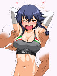 Rule 34 | 1boy, 1girl, armpits, arms behind head, black hair, blush, braid, breasts, brown eyes, cleavage, collarbone, commission, covered erect nipples, elbow gloves, girls und panzer, gloves, invisible man, large breasts, multiple hands, navel, one eye closed, oosaka kanagawa, open mouth, pepperoni (girls und panzer), pixiv commission, saliva, shiny skin, sports bra, tears, tickling, tickling armpits, tickling breasts, tickling pussy, trembling, upper body, white gloves