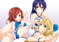 Rule 34 | 3girls, ayase eli, bad id, bad twitter id, bare shoulders, barefoot, blonde hair, blue eyes, blue hair, blush, breasts, commentary request, earrings, feet, hair between eyes, hair down, hand on another&#039;s head, highres, hino minato (spec.c), jewelry, lap pillow, long hair, looking at viewer, love live!, love live! school idol project, lying, medium breasts, midriff, multiple girls, navel, nishikino maki, on back, purple eyes, race queen, red hair, seiza, short hair, simple background, sitting, skirt, sonoda umi, white background, yellow eyes