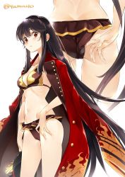 Rule 34 | 1girl, ass, bikini, bikini pull, black hair, butt crack, cameltoe, clothes pull, collarbone, fate/grand order, fate (series), frilled bikini, frills, groin, jacket, jacket on shoulders, long hair, looking at viewer, multiple views, navel, oda nobunaga (fate), oda nobunaga (koha-ace), oda nobunaga (swimsuit berserker) (fate), oda nobunaga (swimsuit berserker) (second ascension) (fate), red eyes, ribs, signature, super zombie, swimsuit, very long hair, white background
