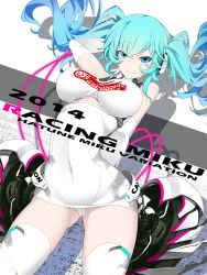 Rule 34 | 10s, 1girl, 2014, arm up, character name, covered navel, cowboy shot, elbow gloves, gloves, goodsmile racing, hatsune miku, headphones, highres, leotard, long hair, race queen, racing miku, racing miku (2014), solo, thighhighs, torisan, twintails, vocaloid