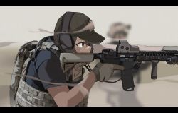 Rule 34 | 1girl, 1other, absurdres, aiming, assault rifle, baseball cap, blue shirt, blurry, blurry background, body armor, brown eyes, brown hair, bulletproof vest, dmj neco, foregrip, gloves, green headwear, gun, gun sling, hat, headset, highres, holding, holding gun, holding weapon, letterboxed, load bearing equipment, load bearing vest, looking afar, molle vest, original, rifle, shirt, short hair, short sleeves, tactical clothes, trigger discipline, upper body, weapon, wind