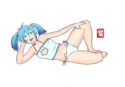 1girl 7bun_junbun absurdres aqua_hair bare_shoulders bell bra breasts cat_cutout cat_ear_panties cat_lingerie choker cleavage_cutout clothing_cutout commission frilled_bra frills full_body hair_between_eyes hand_on_leg highres jingle_bell lingerie long_hair looking_at_viewer lying meme_attire navel neck_bell on_side open_mouth original panties side-tie_panties simple_background small_breasts solo tongue tongue_out underwear white_background