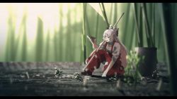 Rule 34 | 1girl, baggy pants, bamboo, bamboo forest, bow, collared shirt, commentary, forest, fujiwara no mokou, grey eyes, hair bow, highres, hime cut, hoe, holding, irohasu (sasagarasu), letterboxed, light rays, long hair, multicolored bow, nature, ofuda, ofuda on clothes, open mouth, pants, red bow, red footwear, red pants, shirt, shoes, sidelocks, sleeves rolled up, smile, solo, suspenders, touhou, white bow, white hair, white shirt