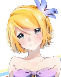 Rule 34 | 1girl, blonde hair, blue eyes, closed mouth, collarbone, kagamine rin, looking at viewer, manya sora, portrait, short hair, simple background, smile, solo, strapless, swept bangs, vocaloid, white background