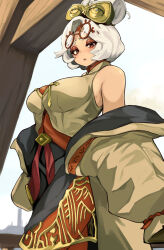 Rule 34 | 1girl, bowchan, breasts, brown coat, brown shirt, coat, commentary request, cowboy shot, eyeshadow, eyewear on head, glasses, gold, hair bun, hair ornament, highres, large breasts, looking at viewer, looking down, makeup, nintendo, off shoulder, open mouth, purah, red-framed eyewear, red eyes, red eyeshadow, round eyewear, shirt, short hair, single hair bun, sleeveless, sleeveless shirt, solo, the legend of zelda, the legend of zelda: tears of the kingdom, updo, white hair