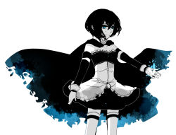 Rule 34 | 10s, 1girl, 417, alternate color, black hair, blue eyes, cape, female focus, gloves, grief seed, magical girl, mahou shoujo madoka magica, mahou shoujo madoka magica (anime), miki sayaka, monochrome, outstretched arm, short hair, simple background, smile, solo, spoilers, spot color, tears, thighhighs, white background, white gloves