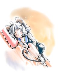 Rule 34 | 1girl, animal ears, dress, female focus, frilled pillow, frills, goton goton, grey dress, holding, jewelry, lying, mouse ears, mouse tail, nazrin, on side, pendant, pillow, shirt, short hair, silver hair, sleeping, socks, solo, tail, touhou, white socks