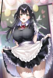 Rule 34 | 1girl, absurdres, apron, balloon, black dress, black hair, blurry, blurry background, breasts, buttons, chalkboard, collared shirt, cowboy shot, dress, green eyes, highres, hitotsuba kaede, indoors, kakao (chocolate land), large breasts, long hair, looking at viewer, maid, maid headdress, nail polish, neck ribbon, open mouth, pink nails, red ribbon, ribbon, ryoushin no shakkin, shirt, short sleeves, skirt hold, solo, standing, thighhighs, two side up, waist apron, white apron, white shirt, white thighhighs, zettai ryouiki