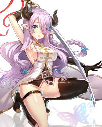 Rule 34 | 10s, 1girl, arm up, bare arms, belt, black thighhighs, blue eyes, braid, breasts, bug, butterfly, butterfly hair ornament, cape, convenient censoring, draph, elbow gloves, female focus, gloves, granblue fantasy, hair ornament, hair over one eye, high heels, horns, insect, katana, large breasts, long hair, looking at viewer, narmaya (granblue fantasy), no panties, pointy ears, purple hair, ribbon, ririko (zhuoyandesailaer), sideboob, solo, sword, thigh strap, thighhighs, weapon