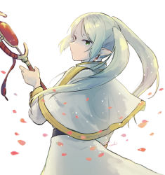 Rule 34 | 1girl, capelet, closed mouth, dress, earrings, floating hair, frieren, from behind, green eyes, hi (machihr), holding, holding staff, jewelry, long hair, long sleeves, looking at viewer, pointy ears, solo, sousou no frieren, staff, standing, twintails, white background, white capelet, white dress, white hair