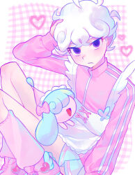 Rule 34 | 1boy, alternate costume, apron, bede (pokemon), closed mouth, commentary request, creatures (company), curly hair, from side, game freak, gen 8 pokemon, hand on own head, hatenna, heart, highres, iro (mywife sunny), jacket, leg warmers, long sleeves, looking at viewer, looking to the side, male focus, nintendo, pink footwear, pink leg warmers, plaid, plaid background, pokemon, pokemon (creature), pokemon swsh, purple eyes, purple jacket, shoes, short hair, stitches, white apron, white hair