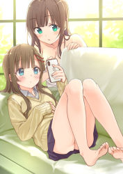 Rule 34 | 2girls, aqua eyes, ass, backlighting, bare legs, barefoot, blue eyes, blue skirt, blunt bangs, blush, breasts, brown hair, brown sweater, cellphone, cleavage, closed mouth, collarbone, collared shirt, couch, day, feet, hair ornament, hairclip, hand on own chest, hand up, highres, holding, holding phone, indoors, knees up, leaning forward, long hair, long sleeves, maigoyaki, medium breasts, miniskirt, mole, mole on breast, multiple girls, naked towel, no panties, on couch, original, parted lips, phone, pleated skirt, reclining, shirt, sidelocks, skirt, sleeves past wrists, smartphone, sweater, towel, undershirt, white shirt, window