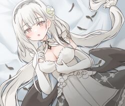 Rule 34 | + +, 1girl, azur lane, black feathers, black wings, blush, breasts, cleavage, cross-shaped pupils, dress, elbow gloves, feathered wings, feathers, flower, frilled dress, frills, from above, gloves, hair flower, hair ornament, highres, large breasts, long hair, looking at viewer, low twintails, lying, maid, maid headdress, on back, on bed, parted lips, red eyes, scylla (azur lane), solo, symbol-shaped pupils, tififox, twintails, white dress, white flower, white gloves, white hair, wings
