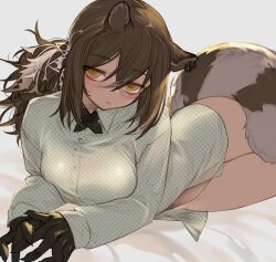 Rule 34 | 1girl, animal ears, arknights, bed sheet, black gloves, black necktie, blush, breasts, brown eyes, brown hair, claws, closed mouth, collared shirt, commentary, cowboy shot, cross tie, ear piercing, freckles, gloves, grey background, hair between eyes, jitome, kochiya (gothope), long hair, long sleeves, looking at viewer, lying, medium breasts, multicolored hair, necktie, no pants, on stomach, paid reward available, piercing, polka dot, polka dot shirt, ponytail, raccoon ears, raccoon girl, raccoon tail, robin (arknights), shirt, simple background, solo, tail, thighs, two-tone hair, white hair, white shirt