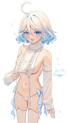 Rule 34 | 1girl, :d, absurdres, ahoge, alternate costume, blue eyes, blue hair, breasts, colored inner hair, commentary, cowboy shot, detached sleeves, furina (genshin impact), genshin impact, groin, highres, long sleeves, looking at viewer, mafuyu (zsds5773), medium breasts, meme attire, midriff, multicolored hair, navel, no headwear, open mouth, panties, short hair, side-tie panties, simple background, sleeveless, sleeveless turtleneck, smile, solo, standing, stomach, thighhighs, thighs, turtleneck, underwear, virgin destroyer sweater, white background, white hair, white panties, white thighhighs