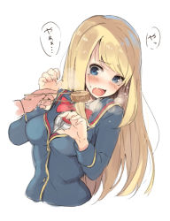 Rule 34 | 1girl, blonde hair, breasts, chloe lemaire, chopsticks, collared shirt, cropped torso, crying, crying with eyes open, feeding, girlfriend (kari), hands up, jacket, long hair, long sleeves, looking away, medium breasts, open mouth, out of frame, parsley-f, school uniform, shirt, simple background, solo focus, speech bubble, swept bangs, tears, upper body, white background, white shirt