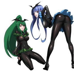 Rule 34 | 10s, 2girls, ass, bad end beauty, bad end march, bad end precure, bent over, black bodysuit, blue eyes, blue hair, blue skirt, blush, bodysuit, breasts, covered erect nipples, dark persona, fingerless gloves, gloves, green eyes, green hair, grin, hand on own hip, hanging breasts, high heels, highres, kneeling, large breasts, latex, legs, long hair, looking at viewer, looking back, makacoon, medium breasts, multiple girls, ponytail, precure, see-through, shoes, sidelocks, simple background, skin tight, skirt, smile, smile precure!, smirk, tiara, very long hair, white background