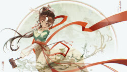 Rule 34 | 1girl, absurdres, banbi, brown eyes, brown hair, chinese clothes, chinese hairpin, circle, closed mouth, cowboy shot, dancing, dipper, floating hair, from side, green shirt, hair bun, hair ornament, hand up, hanfu, highres, holding, holding spoon, jewelry, jiu niangzi, layered sleeves, leg up, liquid, long hair, long skirt, long sleeves, looking at viewer, mrruaaa, necklace, red shawl, reverse:1999, shawl, shirt, short over long sleeves, short sleeves, single side bun, skirt, smile, solo, spilling, spoon, tassel, tassel hair ornament, white background, white sleeves, yellow skirt