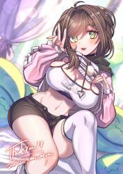 Rule 34 | 1girl, black choker, black shorts, blush, breasts, brown hair, choker, clothes lift, commission, dated, drawstring, fortissimo, hair ornament, head tilt, highres, hood, hood down, hoodie, hoodie lift, indie virtual youtuber, large breasts, looking at viewer, looking to the side, matsutakeimo, midriff, miori celesta, miori celesta (6th costume), mogu (miori celesta), musical note, musical note hair ornament, navel, open mouth, pillow, shorts, skeb commission, smile, solo, sports bra, thighhighs, twitter username, v, virtual youtuber, white hoodie, white sports bra, white thighhighs