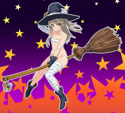 Rule 34 | 10s, 1girl, blush, breasts, circle echime, girls und panzer, grey eyes, halloween, hat, no panties, shimada arisu, small breasts, smile, solo, white hair, witch, witch hat