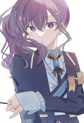 Rule 34 | 1girl, asahina mafuyu, commentary, gem, hair ornament, hairpin, hand on own arm, highres, jewelry, lapels, long hair, long sleeves, looking at viewer, magic academy of sekai (project sekai), notched lapels, project sekai, purple eyes, purple hair, ring, sidelocks, simple background, solo, suiu, symbol-only commentary, upper body, white background