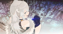 Rule 34 | 1girl, absurdres, ahoge, animal ears, bare shoulders, black jacket, city lights, cityscape, from behind, fur-trimmed jacket, fur trim, grey eyes, grey hair, hair between eyes, highres, hololive, jacket, jewelry, lion ears, lion girl, long hair, looking at viewer, looking back, off shoulder, open mouth, robotta, shishiro botan, shishiro botan (1st costume), sitting, smile, solo, two side up, virtual youtuber