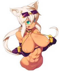 Rule 34 | 1girl, :p, abs, animal ears, bad id, bad twitter id, bare shoulders, blonde hair, breasts, cat ears, cat girl, cat tail, dark-skinned female, dark skin, elbow gloves, eyewear on head, female focus, gloves, green eyes, inverted nipples, kaiten muten-maru, large breasts, long hair, looking at viewer, metata, muscular, navel, nipples, no legs, puffy nipples, shamu meruruusa, simple background, smile, solo, sunglasses, tail, toned, tongue, tongue out, undressing, upper body, white background
