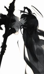 Rule 34 | 1girl, black hair, blouse, collared shirt, cropped torso, greyscale, gyup, hair between eyes, halo, highres, holding, holding sword, holding weapon, horns, long hair, looking at viewer, monochrome, original, ringed eyes, shirt, sideways, simple background, solo, sword, very long hair, weapon, white background, white shirt
