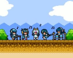 Rule 34 | 10s, 5girls, animated, animated gif, bass guitar, black hair, blue sky, cloud, day, drum, drum set, electric guitar, emperor penguin (kemono friends), gentoo penguin (kemono friends), guitar, hair over one eye, headphones, humboldt penguin (kemono friends), instrument, kemono friends, keyboard (instrument), long hair, looking at viewer, microphone, midoribox, mountain, multicolored hair, multiple girls, music, musical note, nature, outdoors, personification, piano, pixel art, plant, playing instrument, playing piano, rockhopper penguin (kemono friends), royal penguin (kemono friends), scenery, sky, white legwear