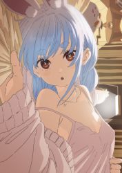 Rule 34 | 1girl, absurdres, animal ears, bed sheet, blush, breasts, brown eyes, camisole, hasu, highres, hololive, jewelry, lamp, looking at viewer, lying, necklace, on side, parted lips, rabbit-shaped pupils, rabbit ears, rabbit girl, small breasts, solo, sweater, symbol-shaped pupils, usada pekora, virtual youtuber, white camisole, white sweater