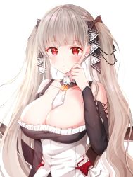Rule 34 | 1girl, azur lane, bad id, bad pixiv id, bare shoulders, between breasts, black bow, black dress, blush, bow, breasts, cleavage, closed mouth, clothing cutout, collarbone, commentary request, dress, formidable (azur lane), frilled dress, frills, grey hair, hair bow, hand up, highres, large breasts, long hair, long sleeves, looking at viewer, nasii, red eyes, revision, shoulder cutout, simple background, solo, twintails, very long hair, white background
