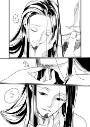 Rule 34 | 1boy, black hair, comic, completely nude, facial hair, goatee, greyscale, hand on another&#039;s cheek, hand on another&#039;s face, highres, long hair, manly, monochrome, nara shikamaru, naruto, naruto (series), nude, simple background, solo focus, stubble, translated, white background, yamisuke (silent-black)