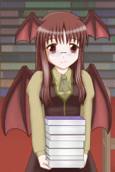 Rule 34 | 1girl, artist request, bat wings, bespectacled, book, brown hair, carrying, dress, female focus, glasses, head wings, holding, holding book, kingindou yumeji, koakuma, library, long hair, necktie, red eyes, red hair, scarf, smile, solo, embodiment of scarlet devil, touhou, voile, wings