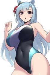 Rule 34 | 1girl, :d, animal ears, bare arms, bare shoulders, black one-piece swimsuit, blue hair, blunt bangs, braid, breasts, collarbone, competition swimsuit, covered navel, cowboy shot, crown braid, ear ornament, grey background, groin, hand up, highres, horse ears, horse girl, impossible clothes, impossible swimsuit, large breasts, long hair, looking at viewer, mejiro ardan (umamusume), multicolored clothes, multicolored swimsuit, one-piece swimsuit, open mouth, pataneet, purple eyes, simple background, smile, solo, swimsuit, umamusume, very long hair, white background